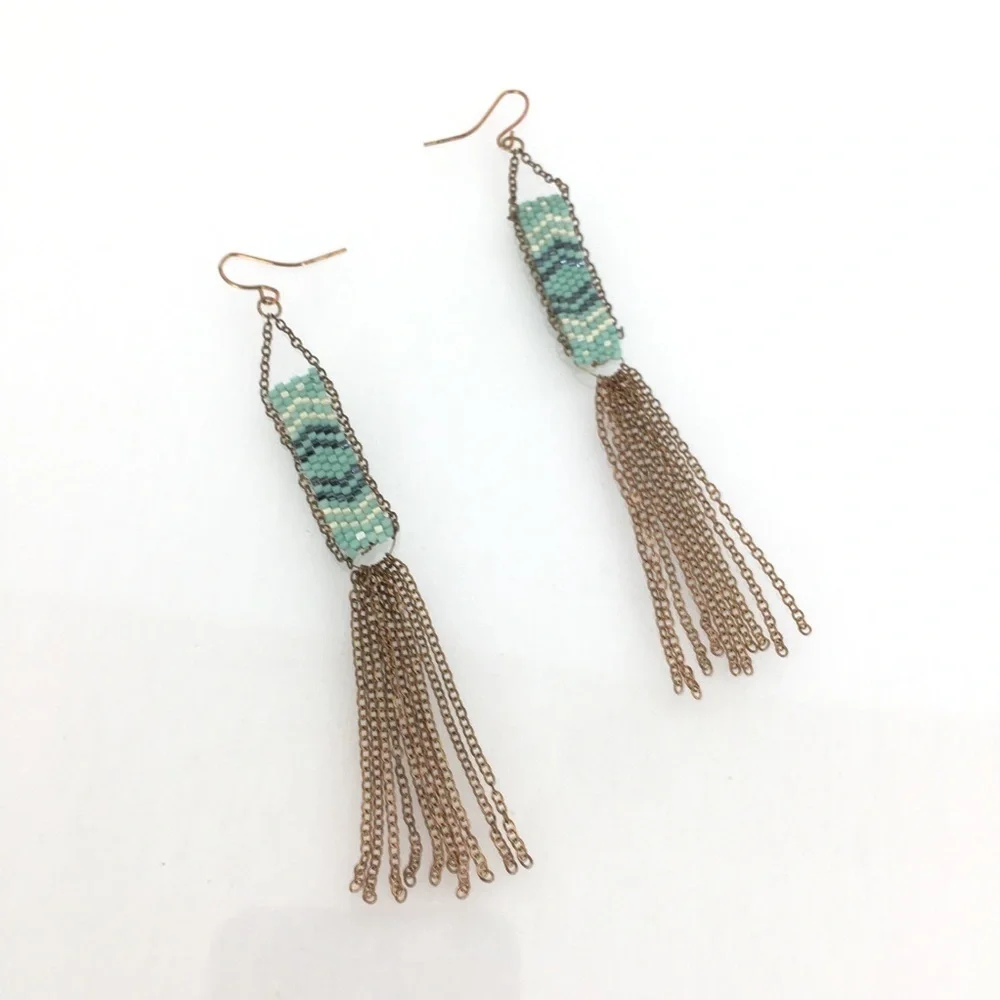Boho Copper Green White Seed Bead Long Tassel Statement Dangle Earrings Tribal - Picture 2 of 8